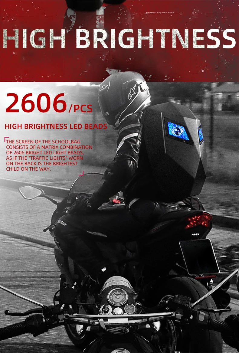 LED Display Motorcycle Backpack – Hard Shell, Large Capacity, App-Controlled Light Screen