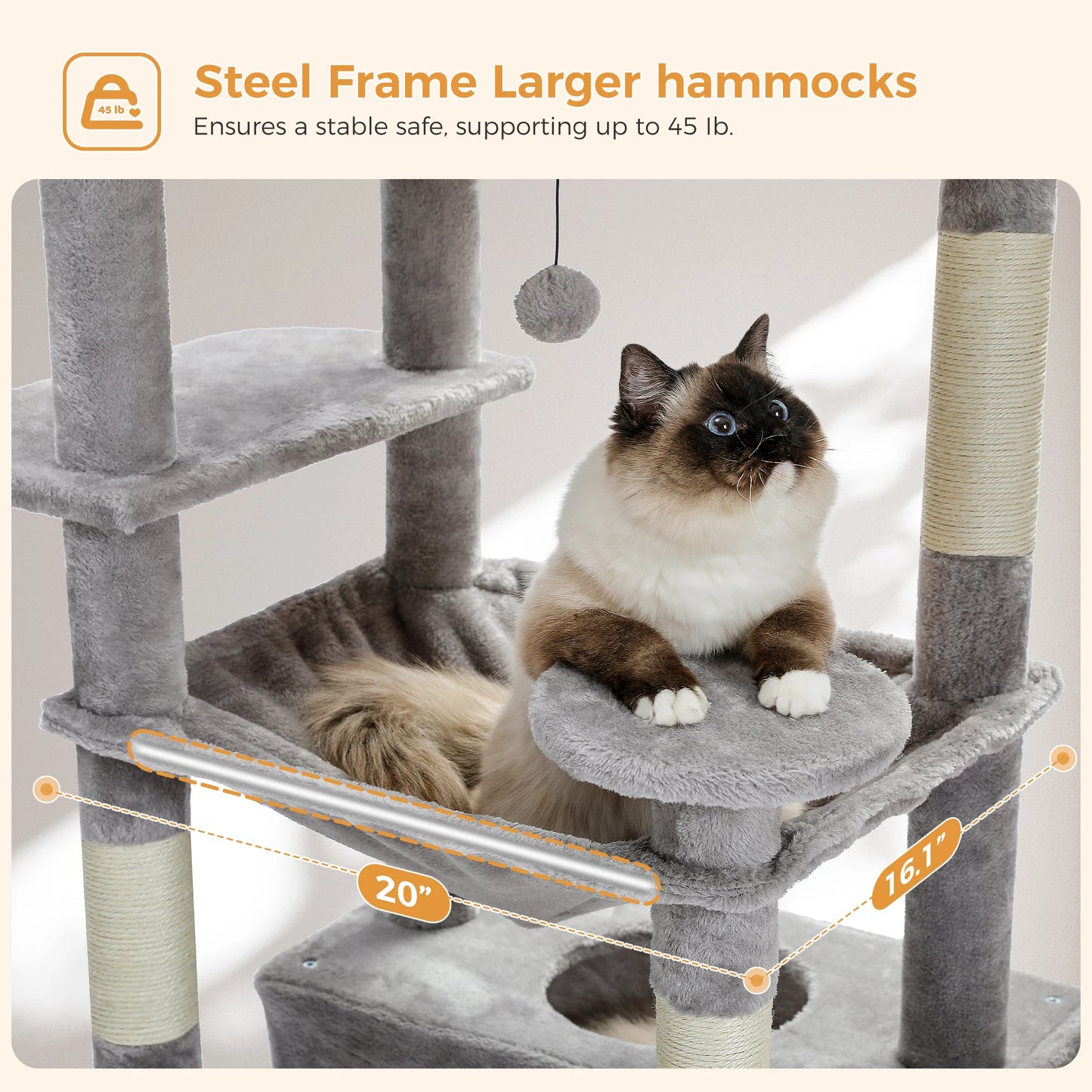184cm Multi-Level Cat Tree Tower – Hammock, Padded Perches & Sisal Scratching Posts