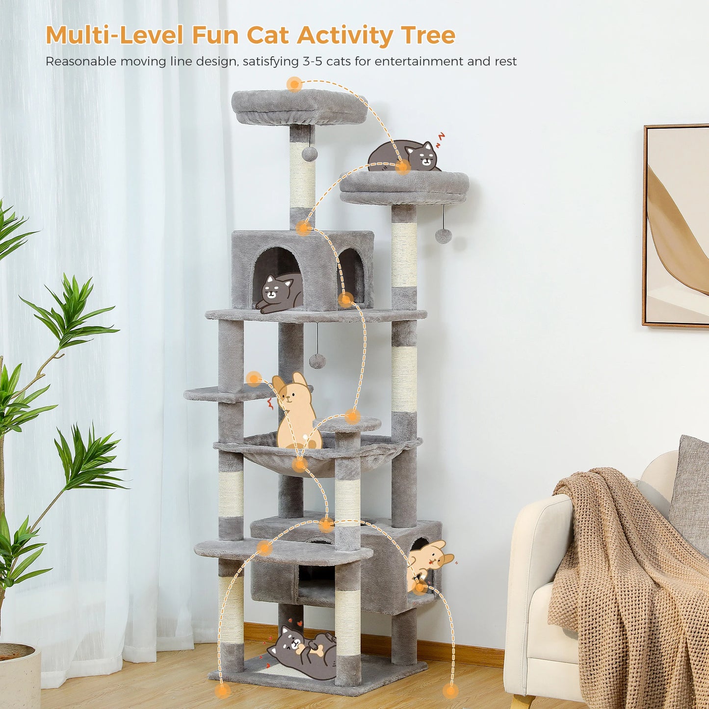 184cm Multi-Level Cat Tree Tower – Hammock, Padded Perches & Sisal Scratching Posts