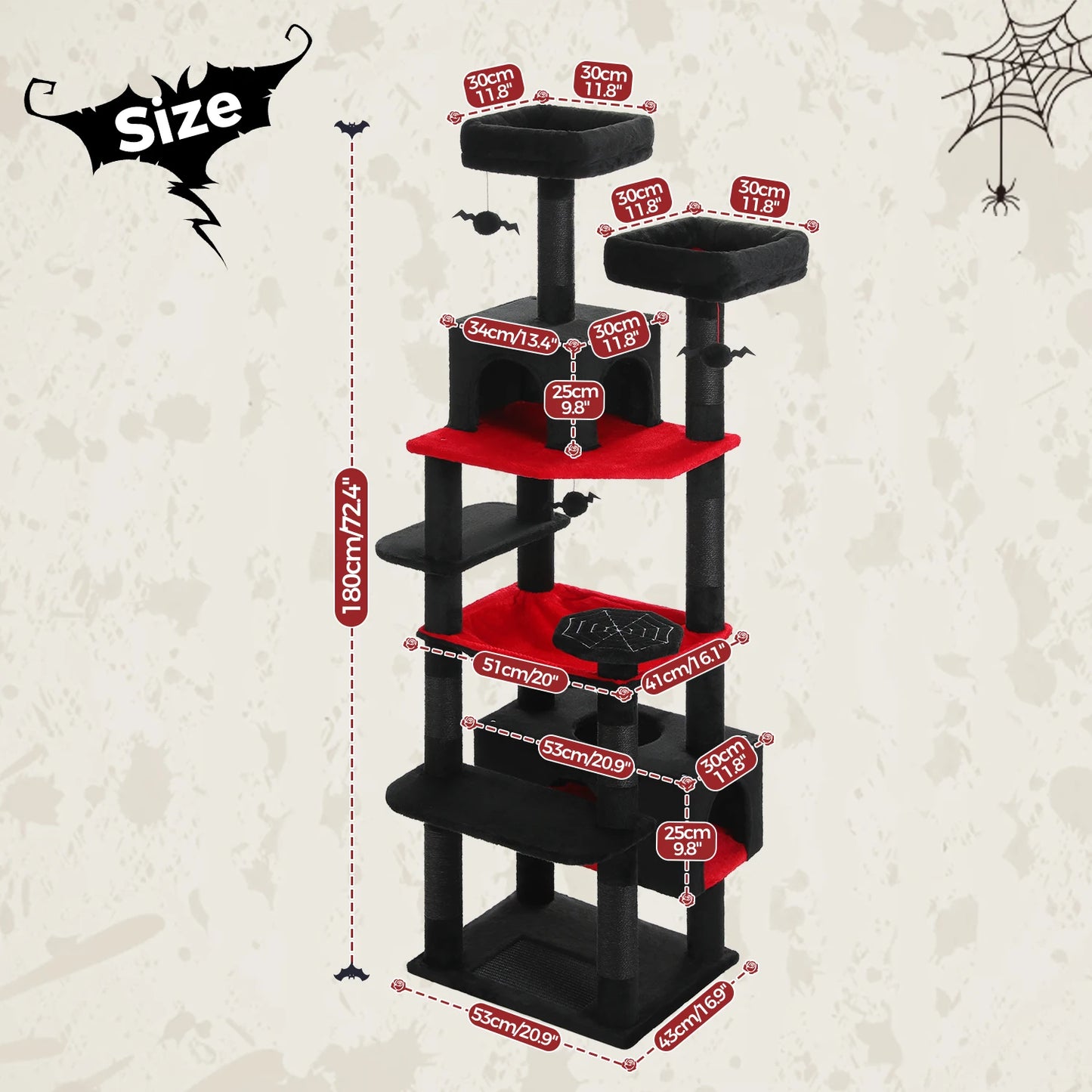 184cm Multi-Level Cat Tree Tower – Hammock, Padded Perches & Sisal Scratching Posts