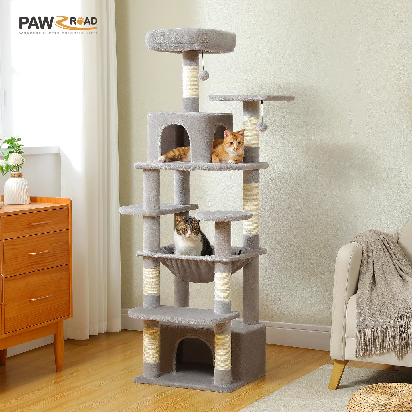 184cm Multi-Level Cat Tree Tower – Hammock, Padded Perches & Sisal Scratching Posts