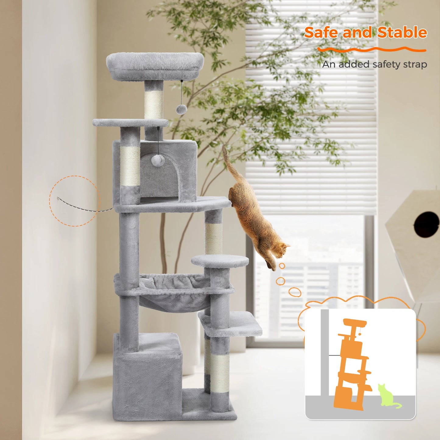 184cm Multi-Level Cat Tree Tower – Hammock, Padded Perches & Sisal Scratching Posts