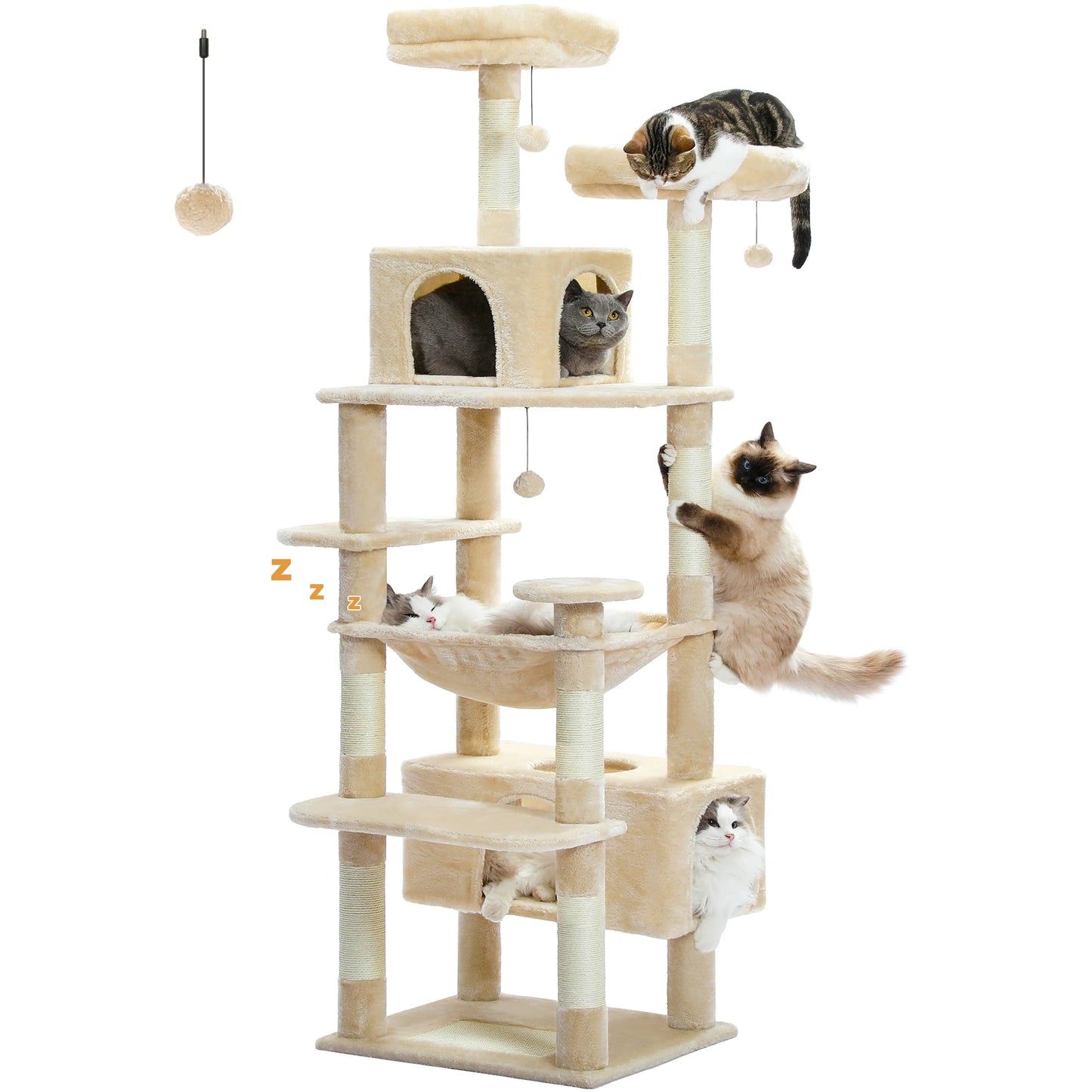 184cm Multi-Level Cat Tree Tower – Hammock, Padded Perches & Sisal Scratching Posts