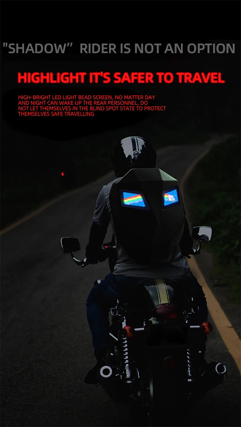 LED Display Motorcycle Backpack – Hard Shell, Large Capacity, App-Controlled Light Screen
