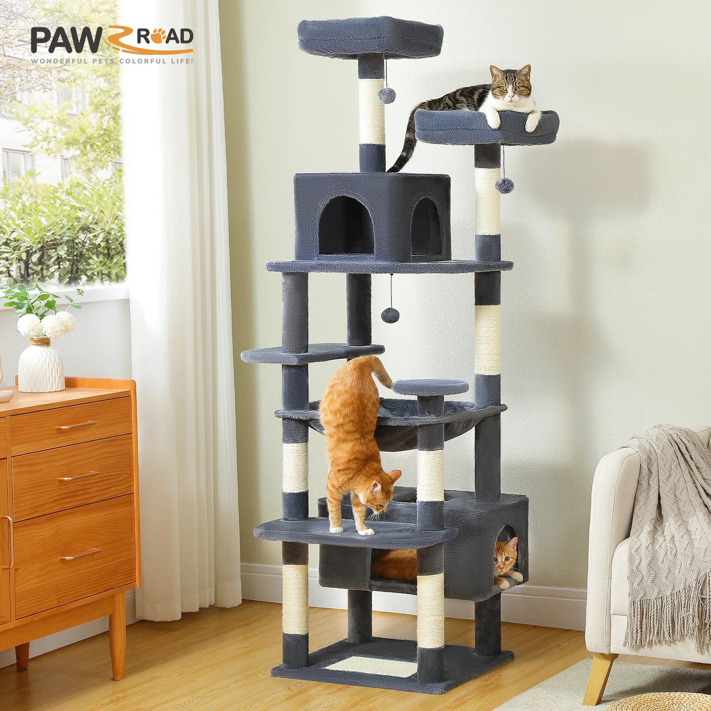 184cm Multi-Level Cat Tree Tower – Hammock, Padded Perches & Sisal Scratching Posts