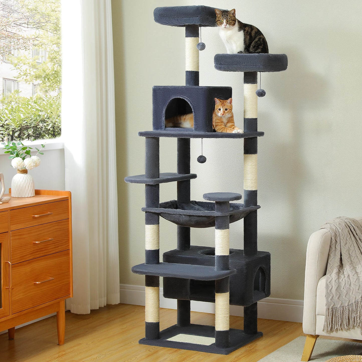 184cm Multi-Level Cat Tree Tower – Hammock, Padded Perches & Sisal Scratching Posts