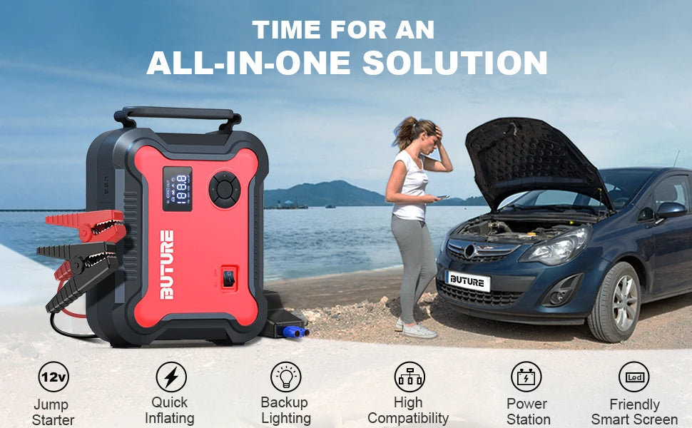 5-in-1 Portable Car Jump Starter & Power Bank – 26800mAh with Air Compressor & Digital Tire Inflator