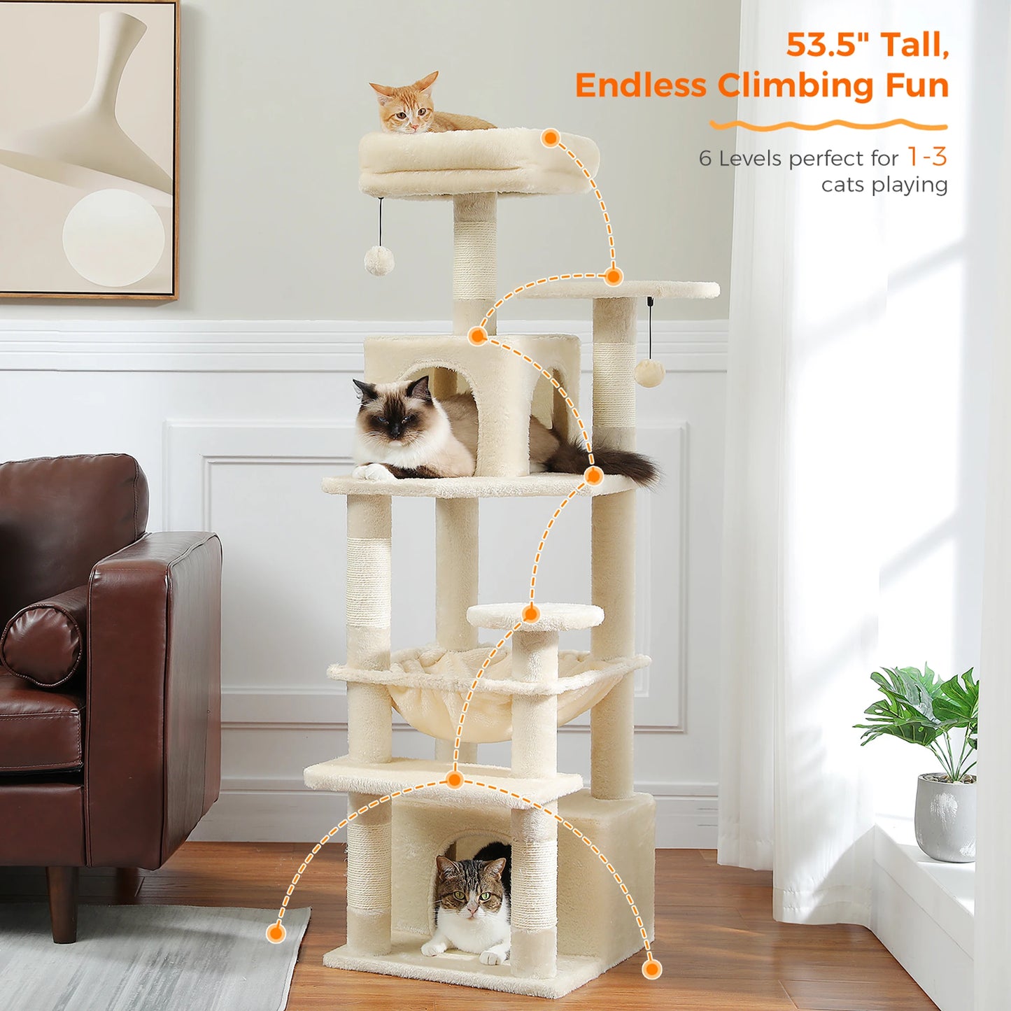 184cm Multi-Level Cat Tree Tower – Hammock, Padded Perches & Sisal Scratching Posts