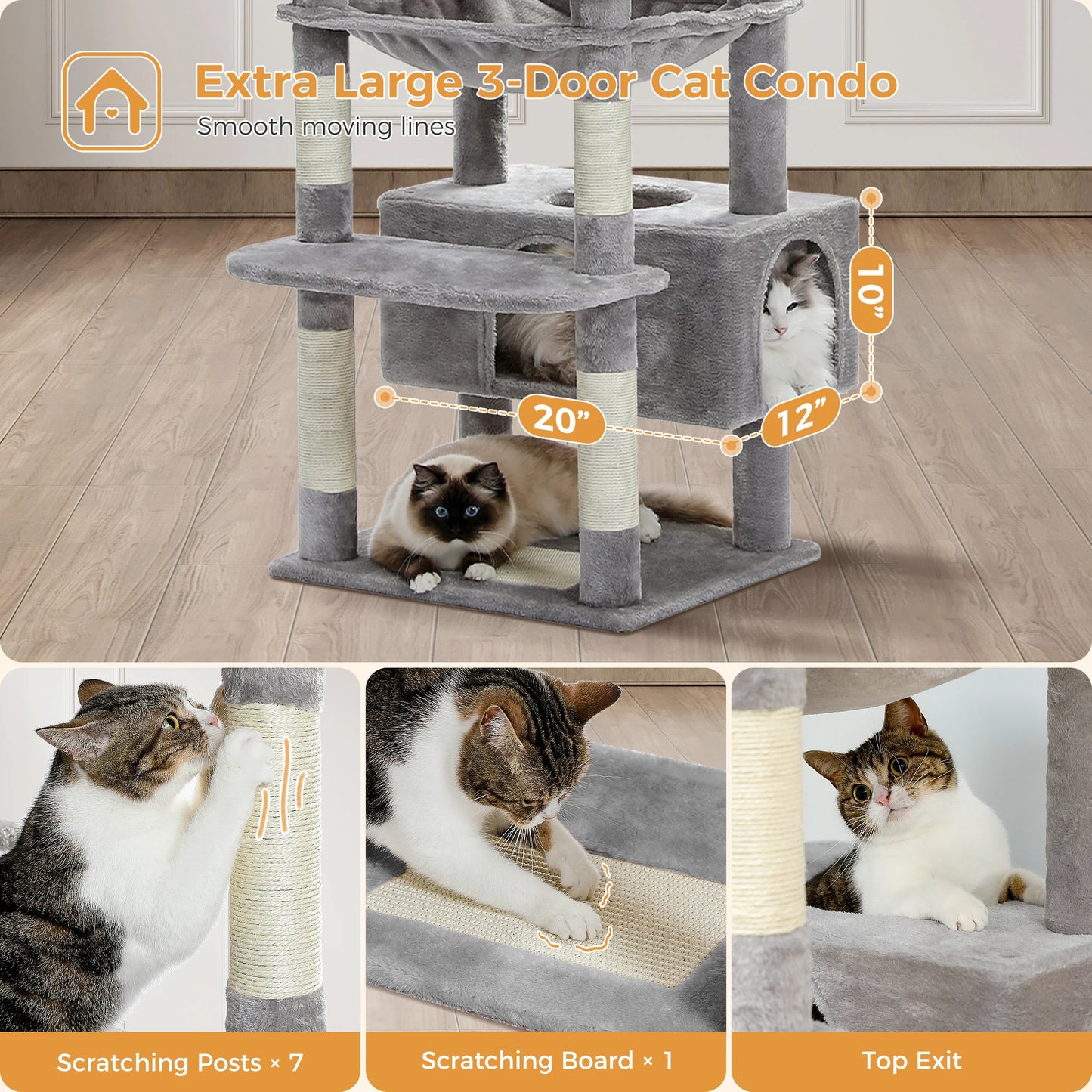 184cm Multi-Level Cat Tree Tower – Hammock, Padded Perches & Sisal Scratching Posts