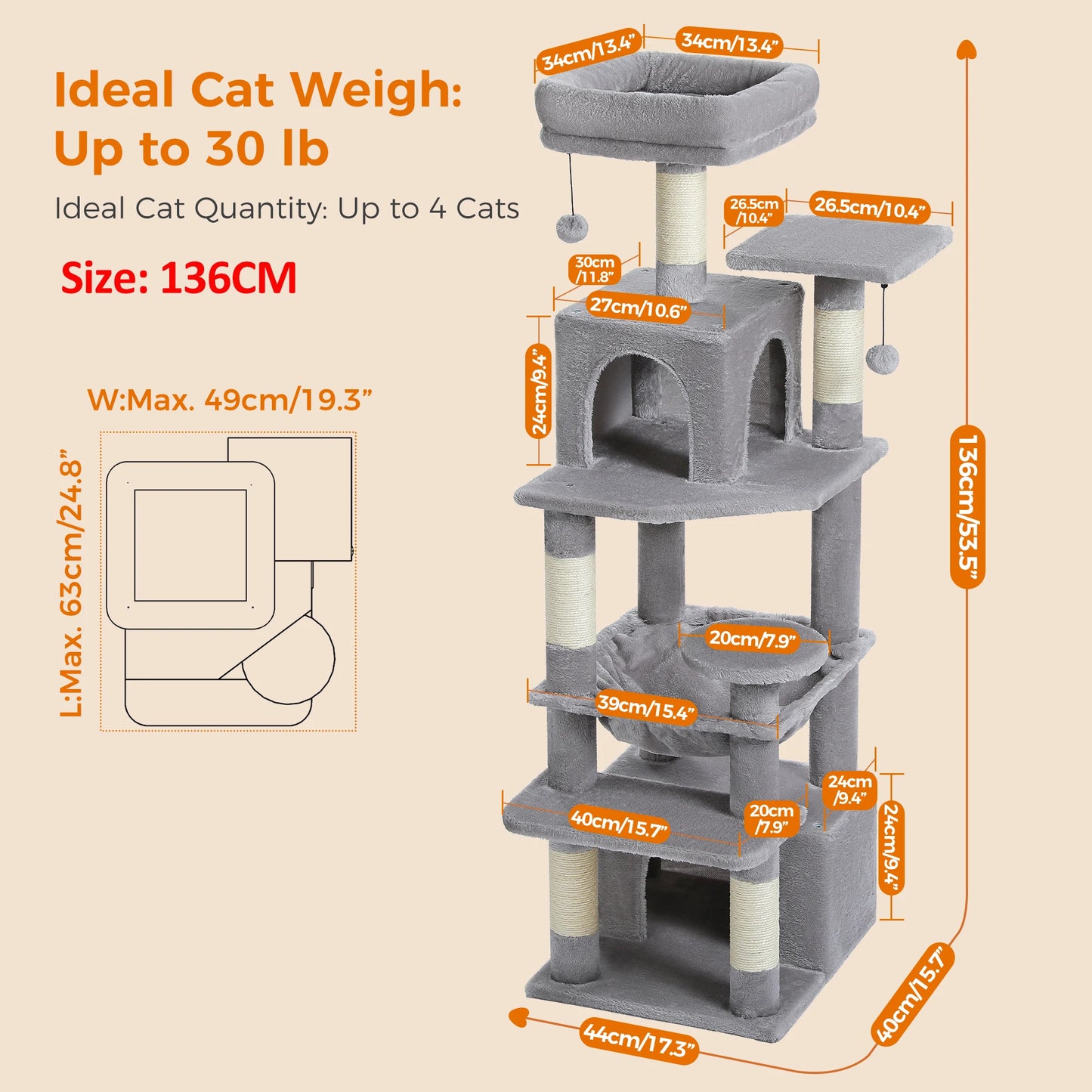 184cm Multi-Level Cat Tree Tower – Hammock, Padded Perches & Sisal Scratching Posts