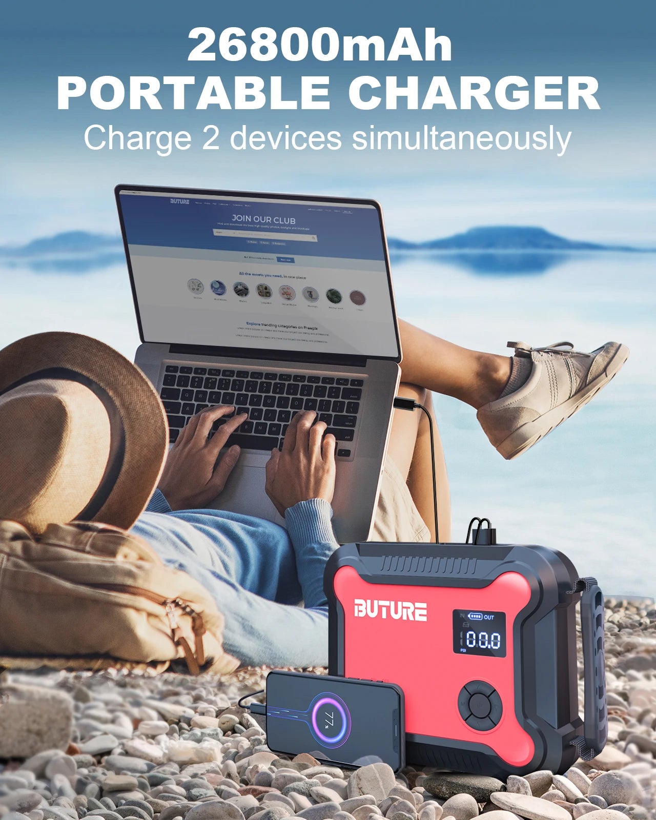 5-in-1 Portable Car Jump Starter & Power Bank – 26800mAh with Air Compressor & Digital Tire Inflator