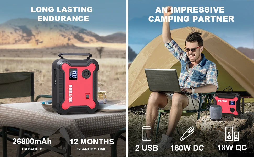 5-in-1 Portable Car Jump Starter & Power Bank – 26800mAh with Air Compressor & Digital Tire Inflator