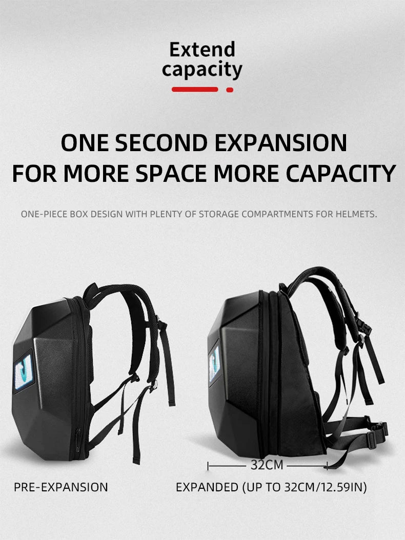 LED Display Motorcycle Backpack – Hard Shell, Large Capacity, App-Controlled Light Screen