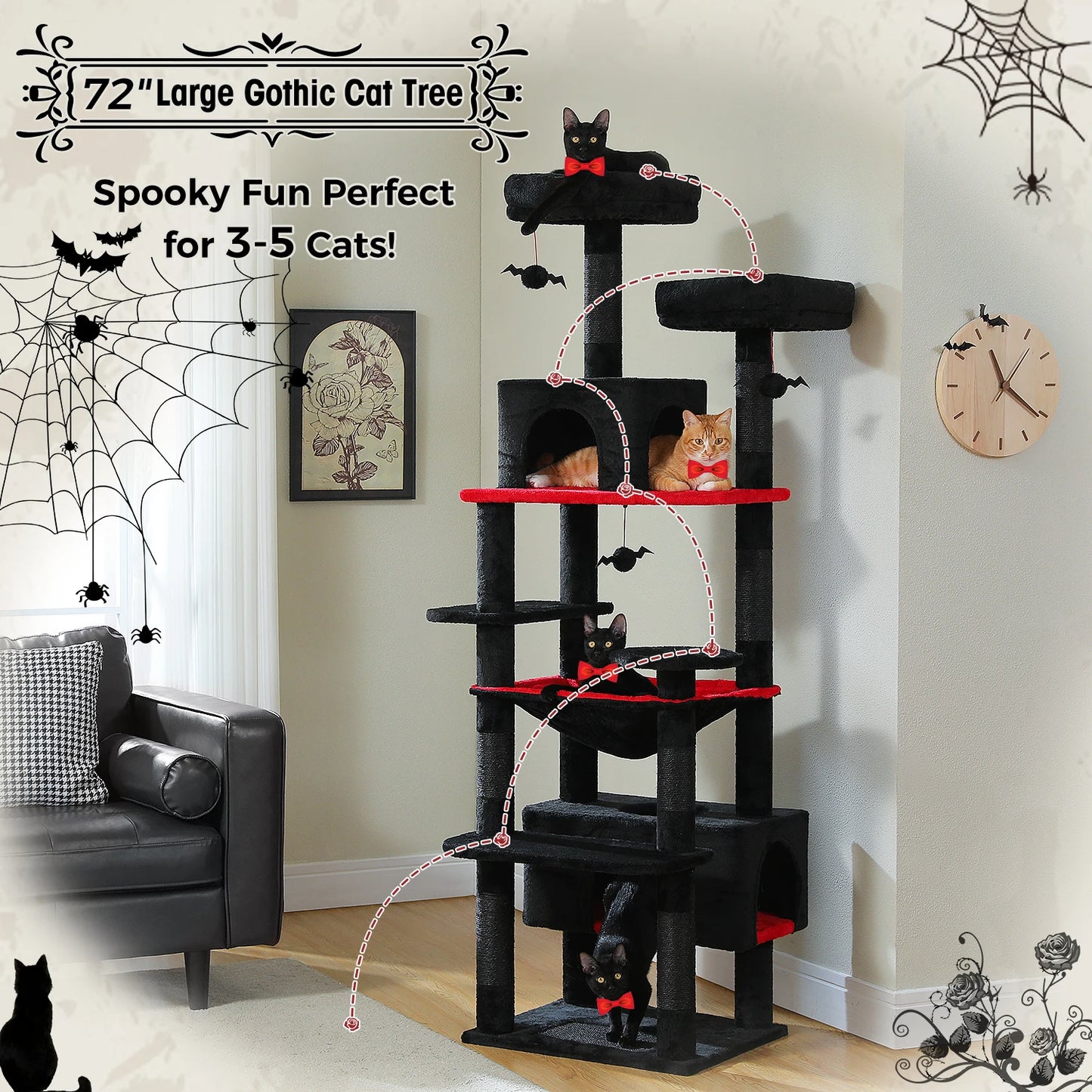 184cm Multi-Level Cat Tree Tower – Hammock, Padded Perches & Sisal Scratching Posts