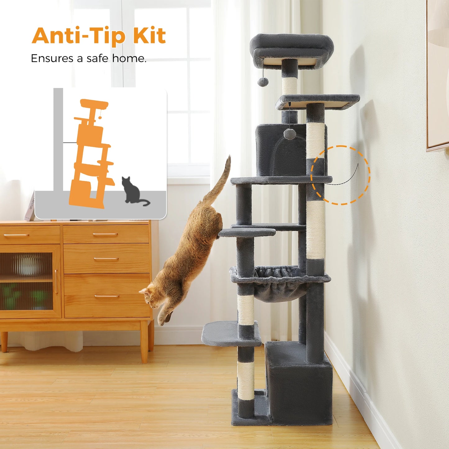 184cm Multi-Level Cat Tree Tower – Hammock, Padded Perches & Sisal Scratching Posts