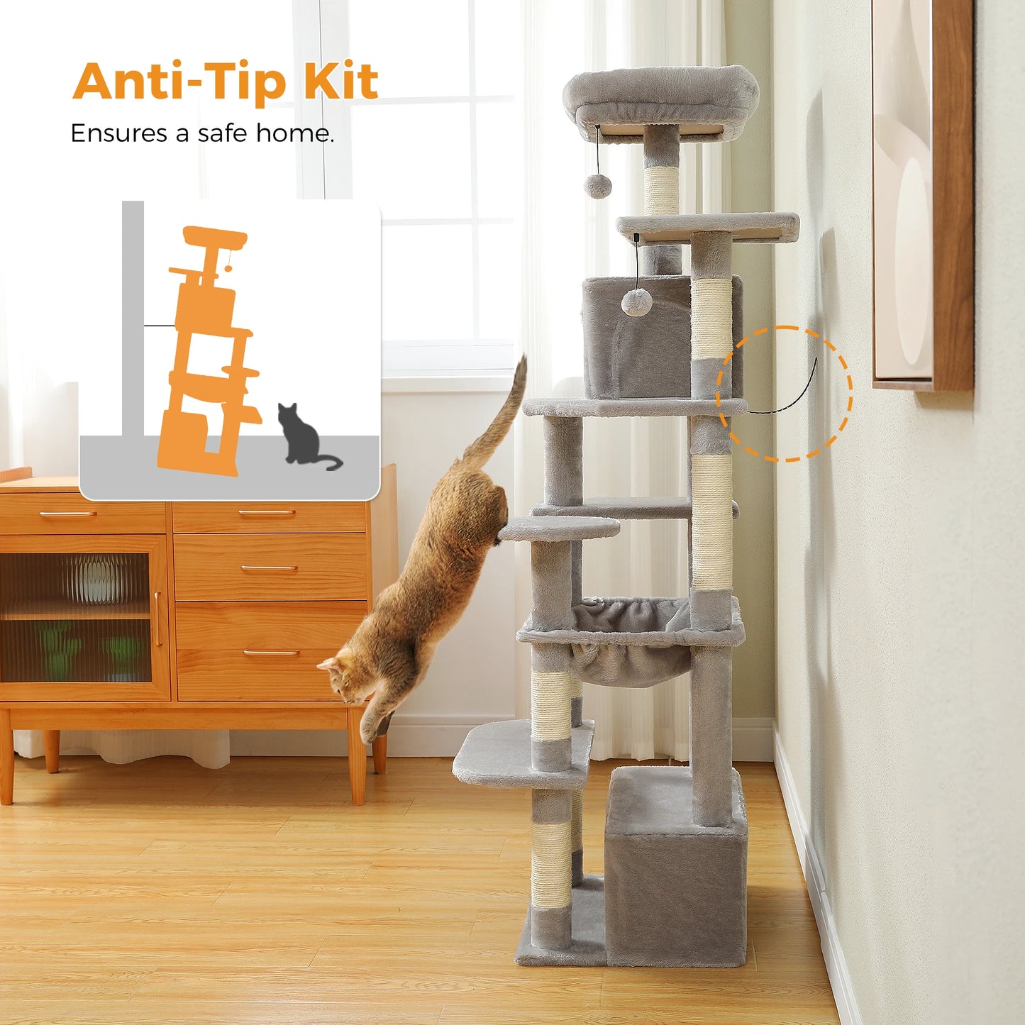 184cm Multi-Level Cat Tree Tower – Hammock, Padded Perches & Sisal Scratching Posts