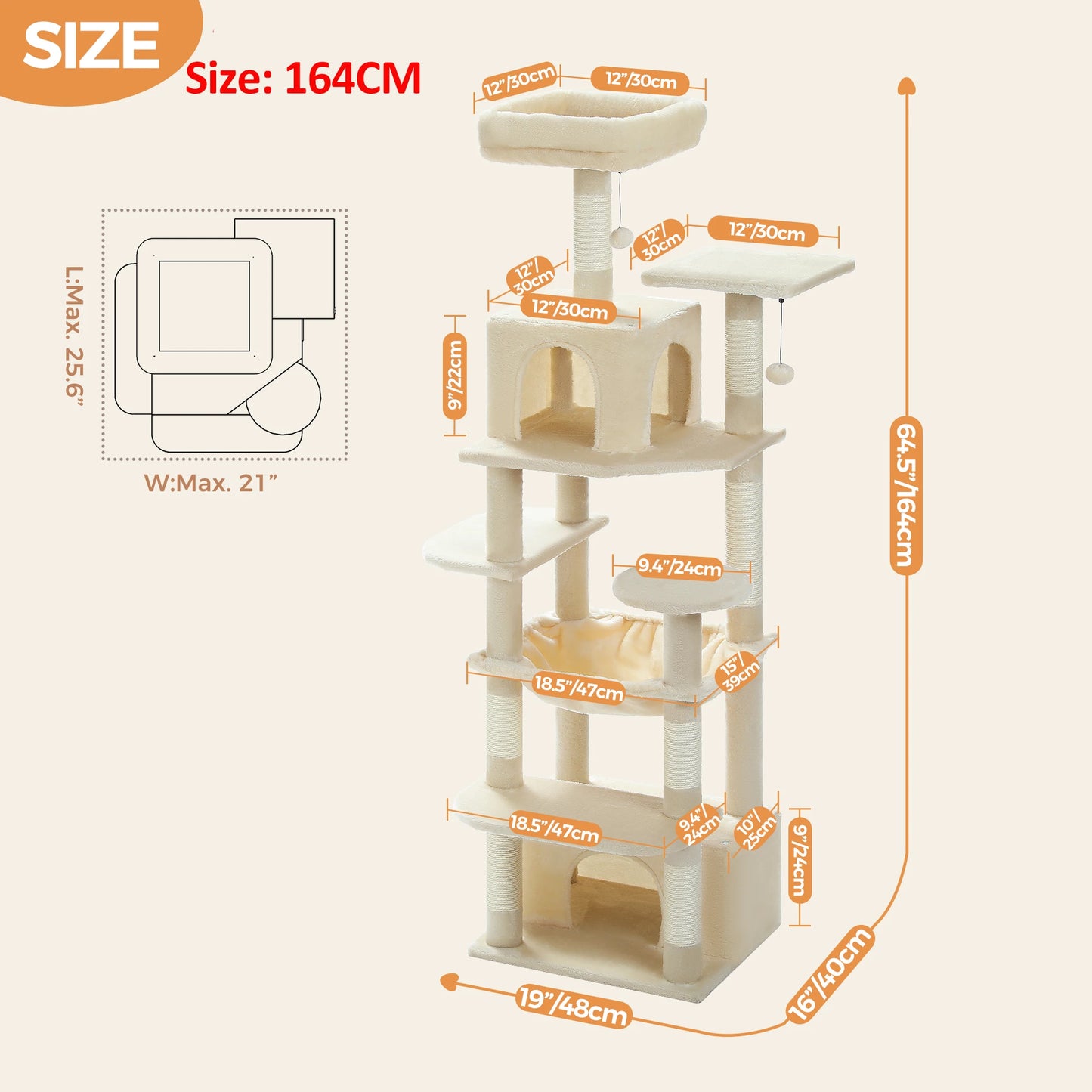 184cm Multi-Level Cat Tree Tower – Hammock, Padded Perches & Sisal Scratching Posts