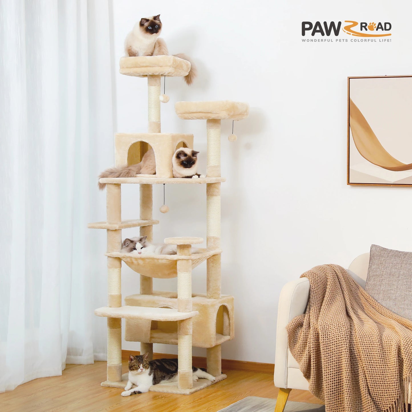 184cm Multi-Level Cat Tree Tower – Hammock, Padded Perches & Sisal Scratching Posts