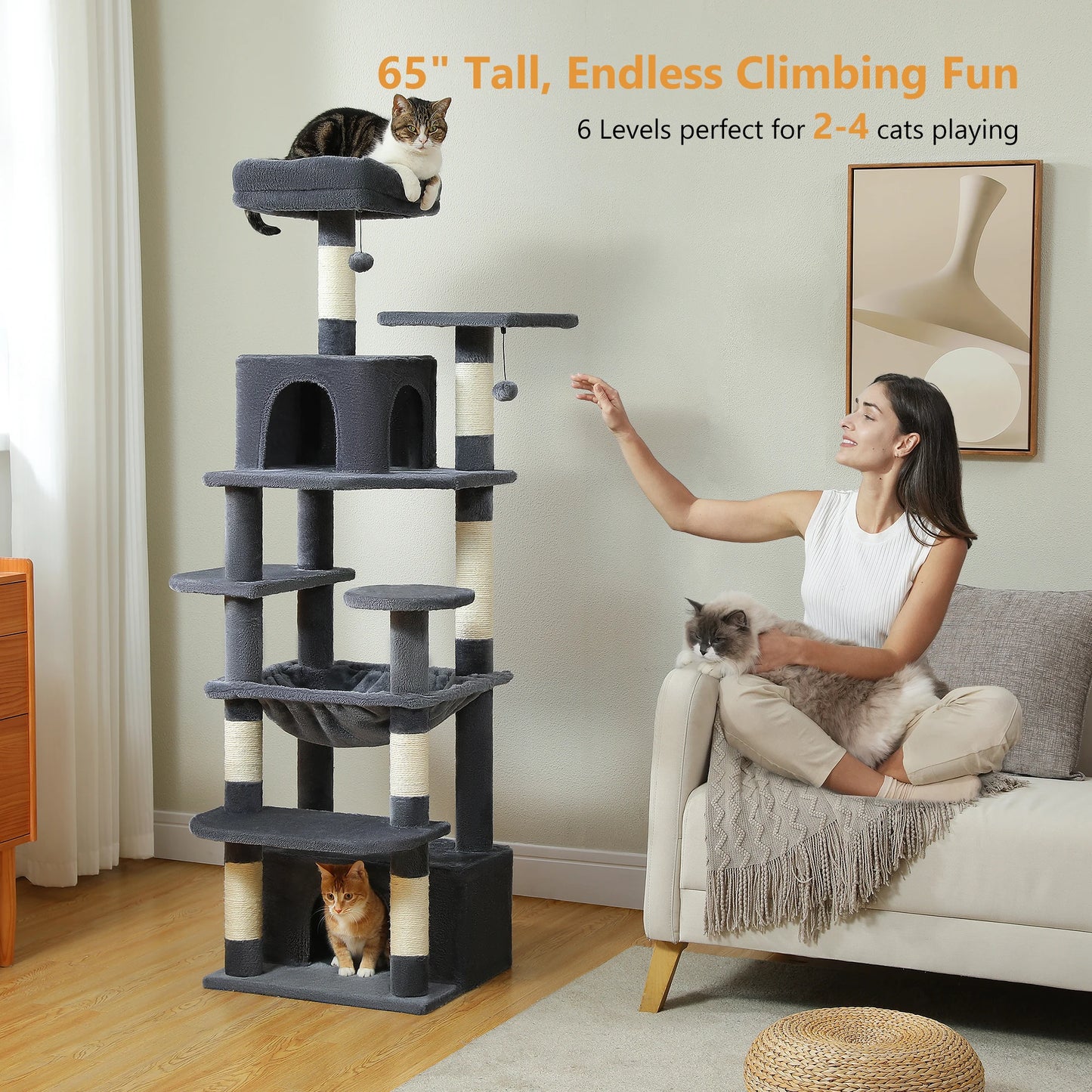 184cm Multi-Level Cat Tree Tower – Hammock, Padded Perches & Sisal Scratching Posts