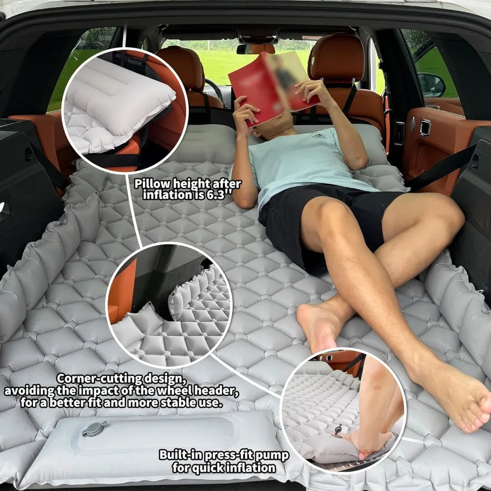 Inflatable Car Air Mattress with Pillow – Ultralight SUV Camping Bed with Built-In Foot Pump