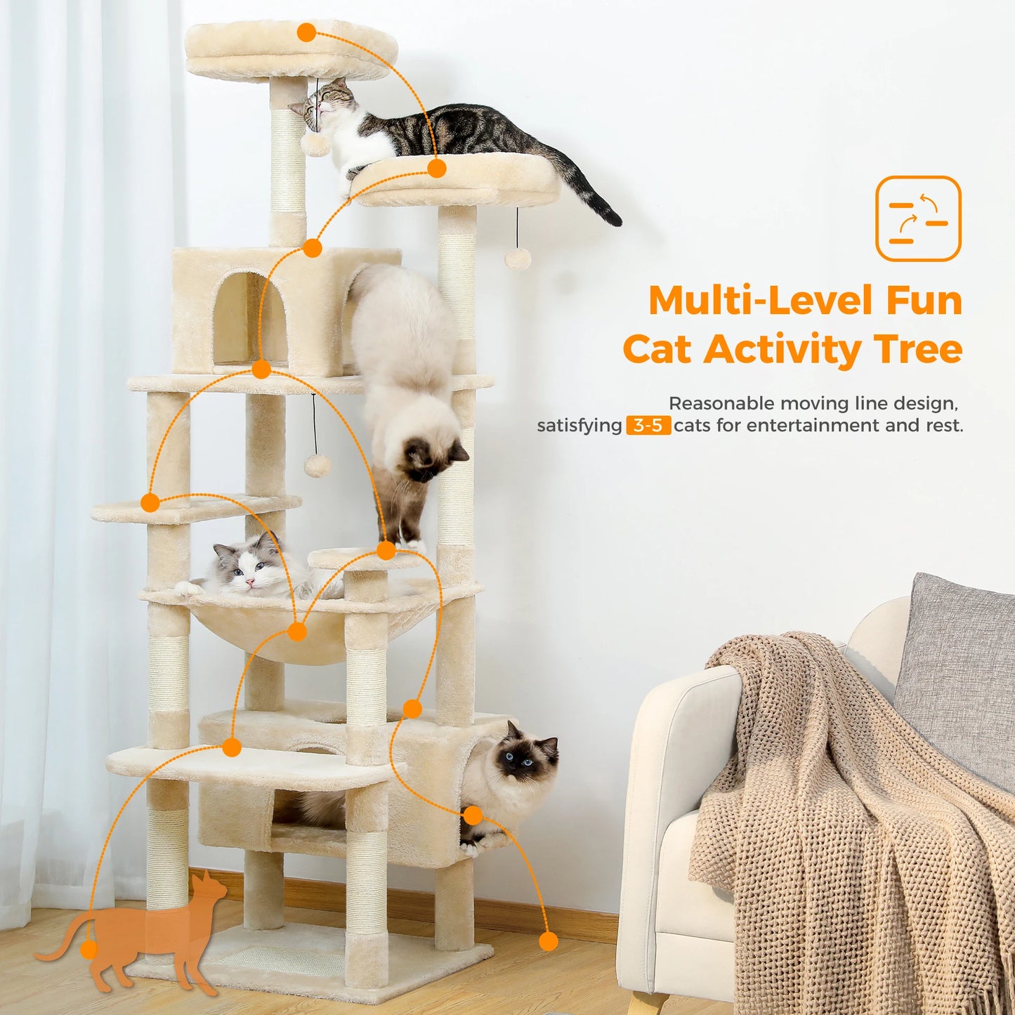 184cm Multi-Level Cat Tree Tower – Hammock, Padded Perches & Sisal Scratching Posts