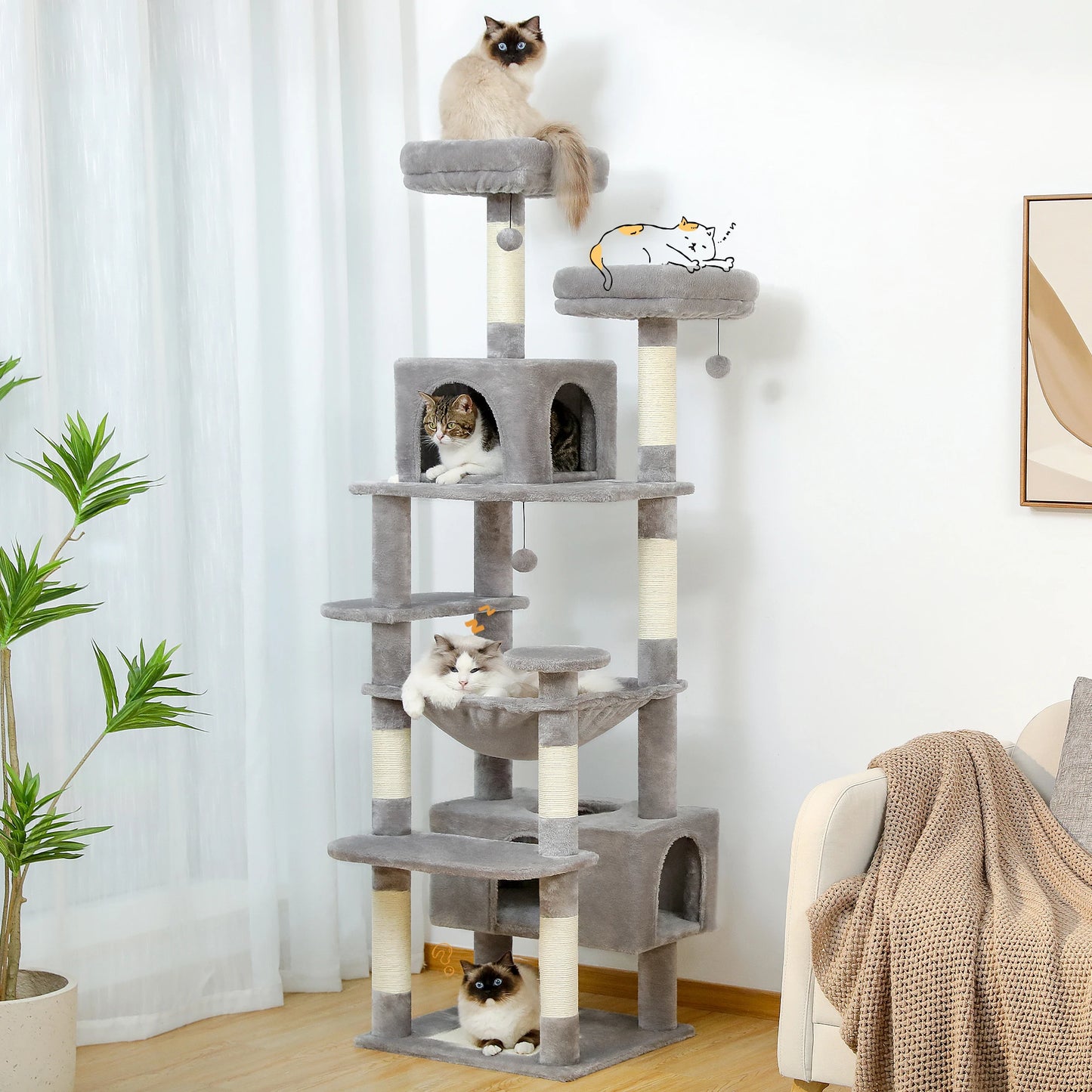 184cm Multi-Level Cat Tree Tower – Hammock, Padded Perches & Sisal Scratching Posts