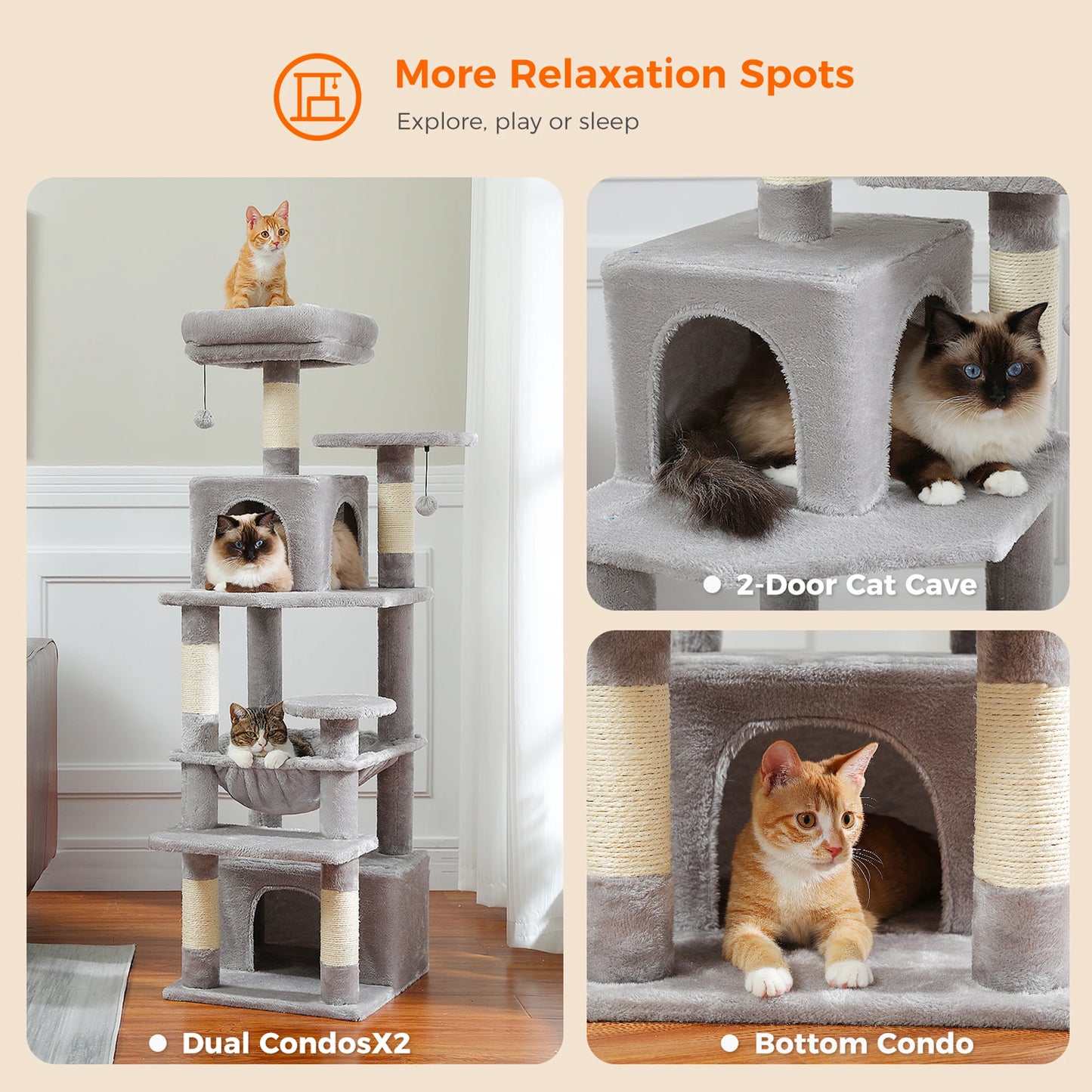 184cm Multi-Level Cat Tree Tower – Hammock, Padded Perches & Sisal Scratching Posts
