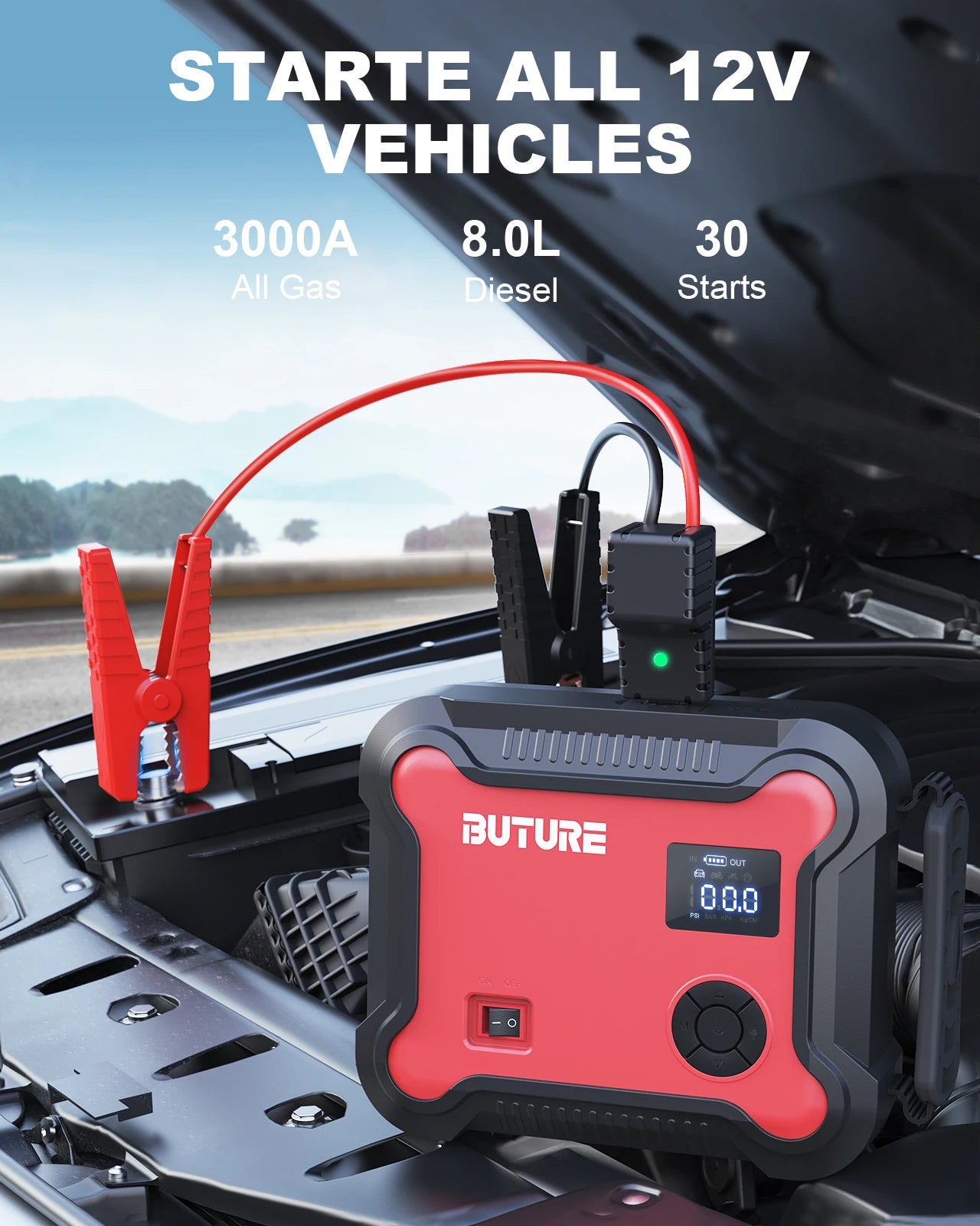 5-in-1 Portable Car Jump Starter & Power Bank – 26800mAh with Air Compressor & Digital Tire Inflator