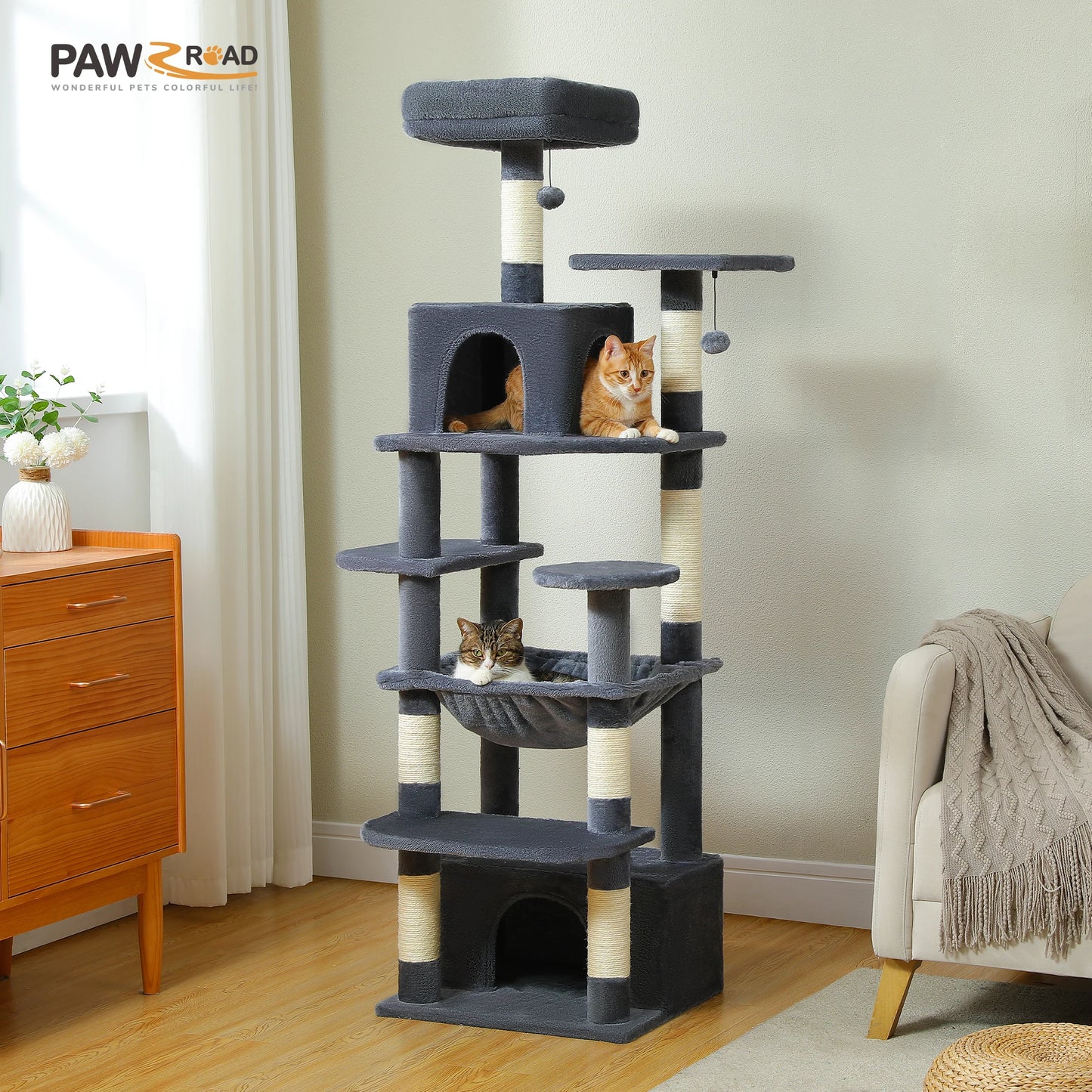 184cm Multi-Level Cat Tree Tower – Hammock, Padded Perches & Sisal Scratching Posts