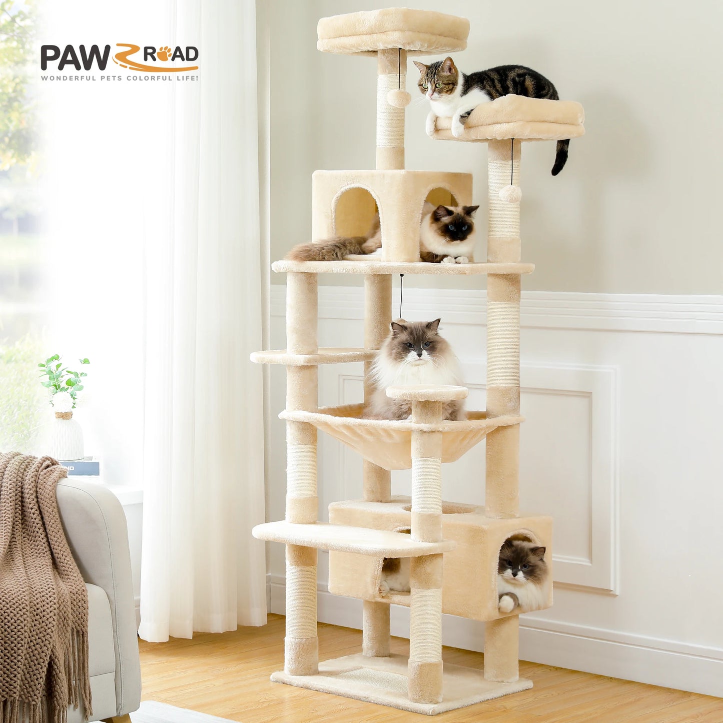 184cm Multi-Level Cat Tree Tower – Hammock, Padded Perches & Sisal Scratching Posts