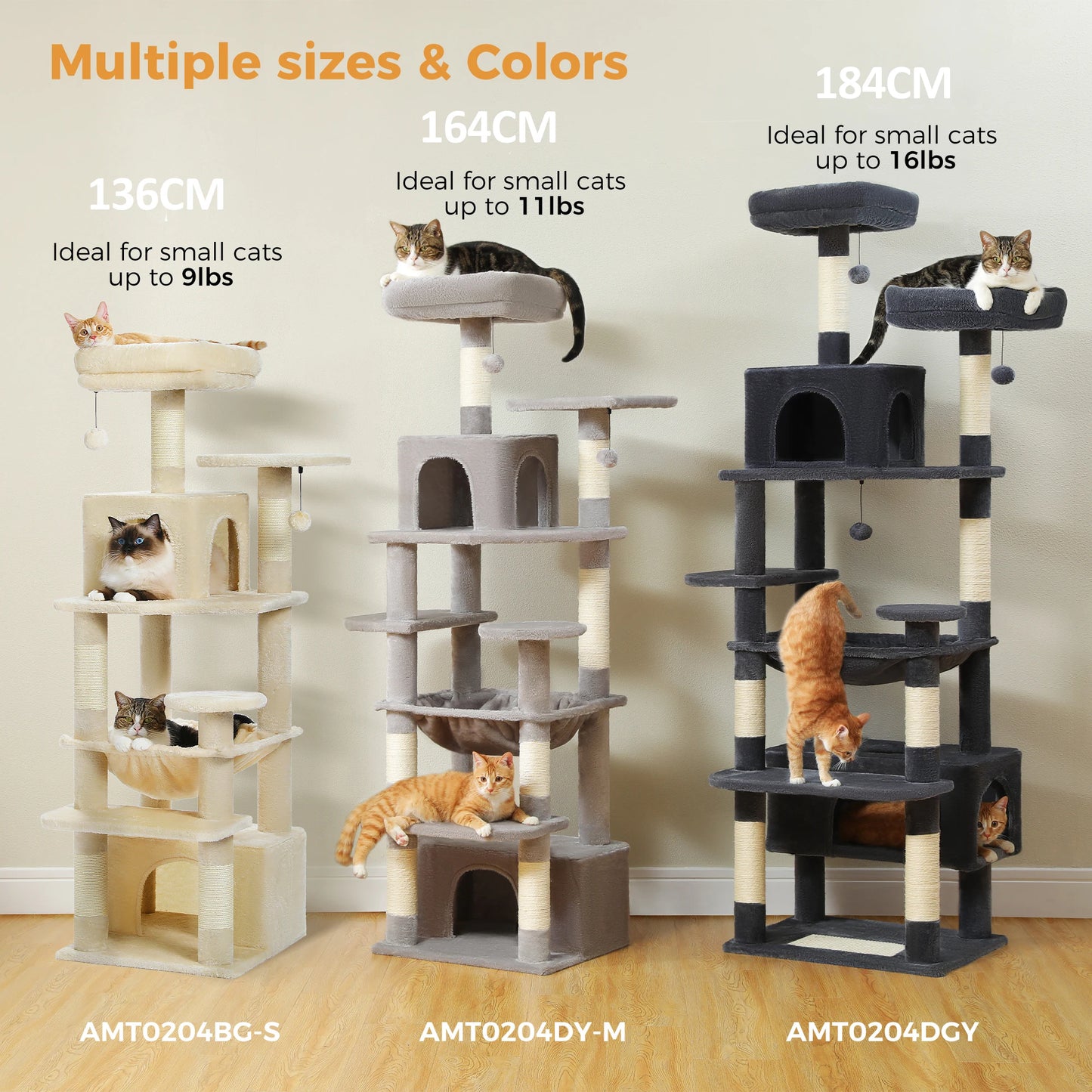 184cm Multi-Level Cat Tree Tower – Hammock, Padded Perches & Sisal Scratching Posts
