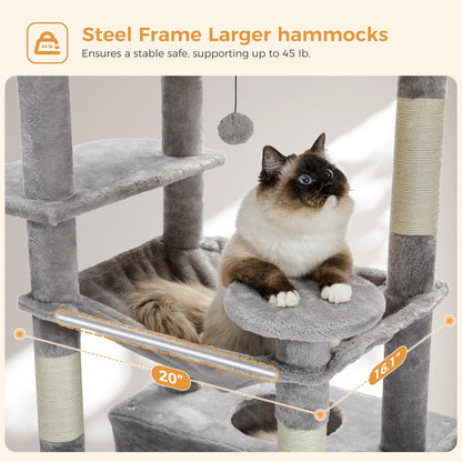 184cm Multi-Level Cat Tree Tower – Hammock, Padded Perches & Sisal Scratching Posts