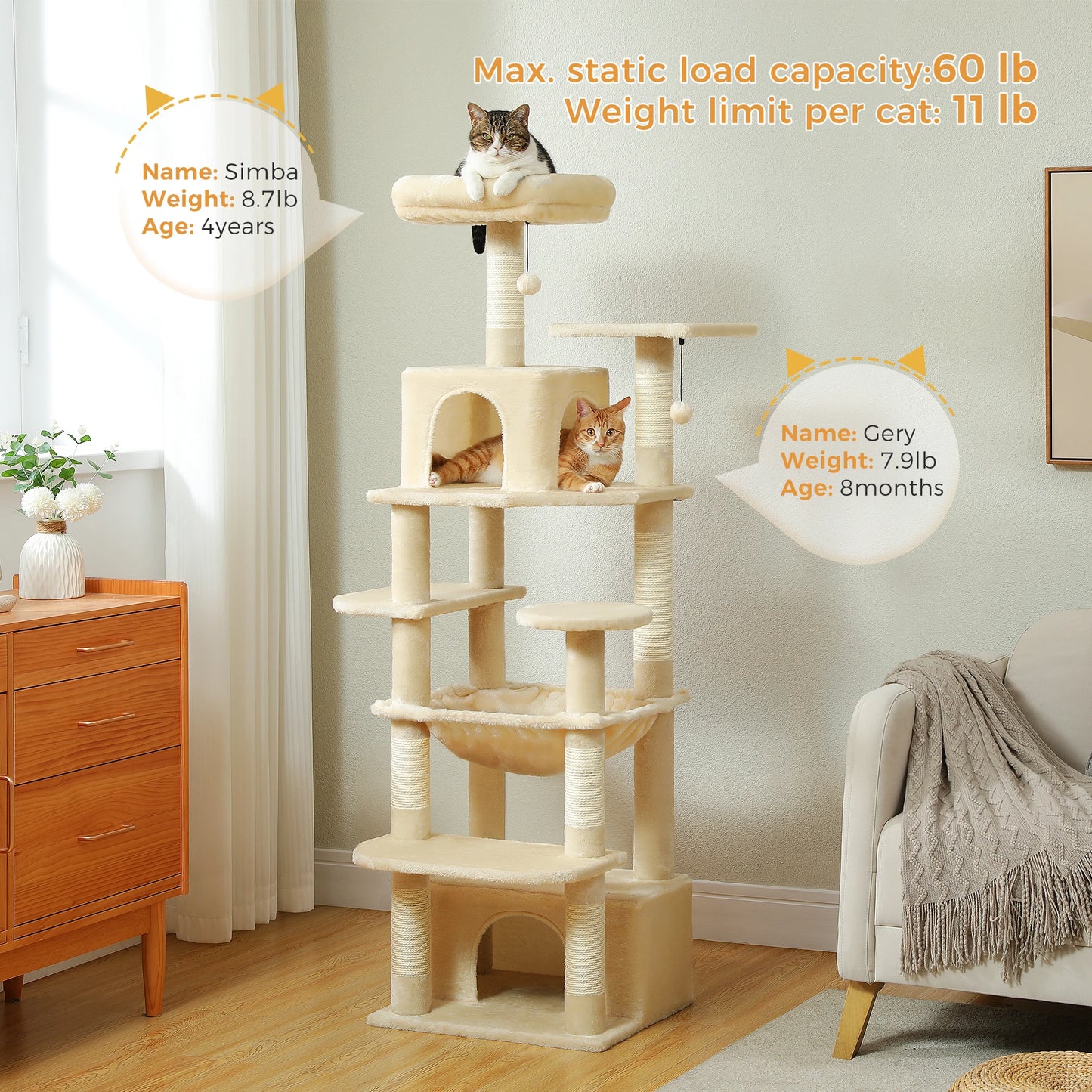 184cm Multi-Level Cat Tree Tower – Hammock, Padded Perches & Sisal Scratching Posts