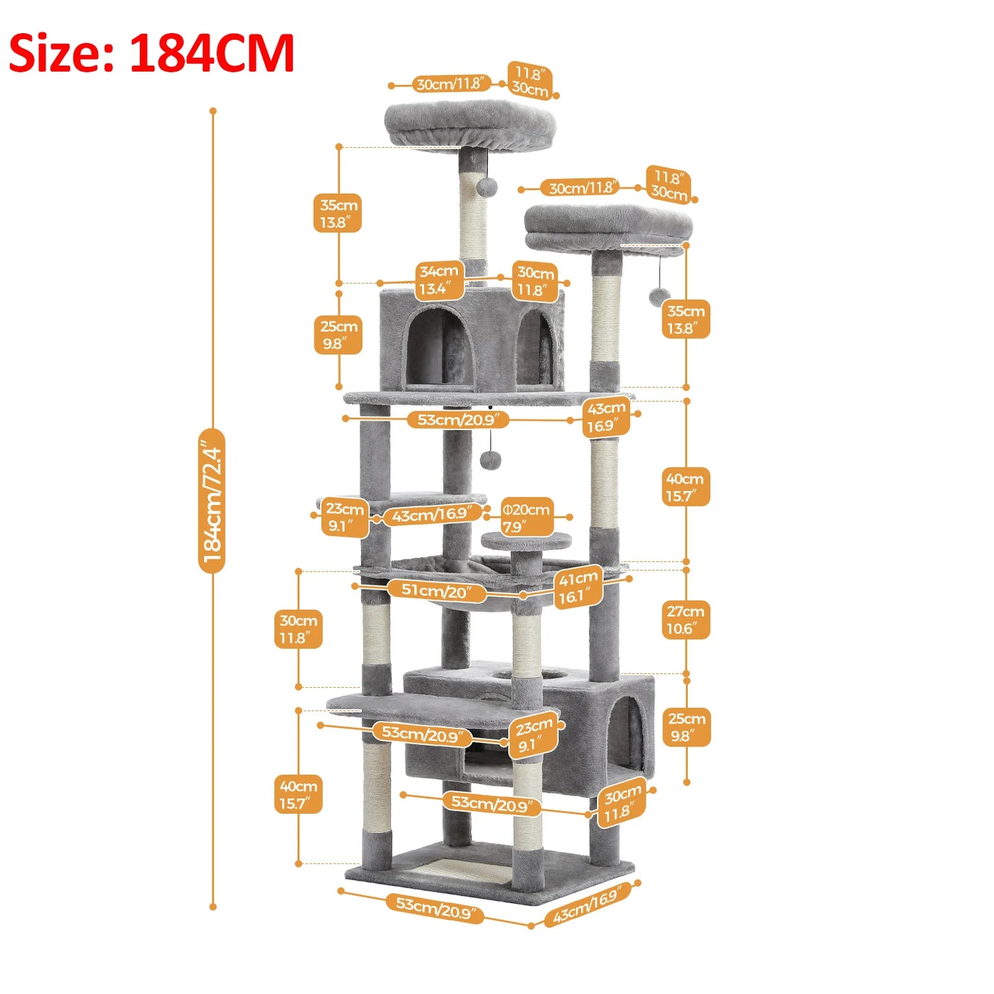 184cm Multi-Level Cat Tree Tower – Hammock, Padded Perches & Sisal Scratching Posts