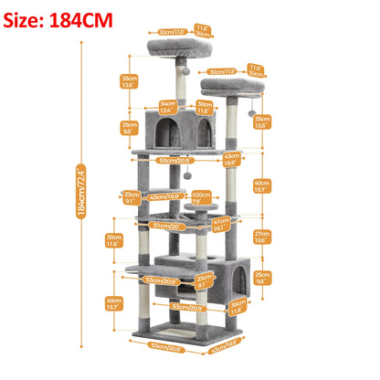 184cm Multi-Level Cat Tree Tower – Hammock, Padded Perches & Sisal Scratching Posts