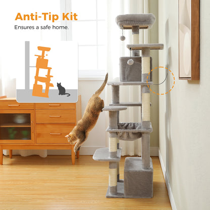 184cm Multi-Level Cat Tree Tower – Hammock, Padded Perches & Sisal Scratching Posts