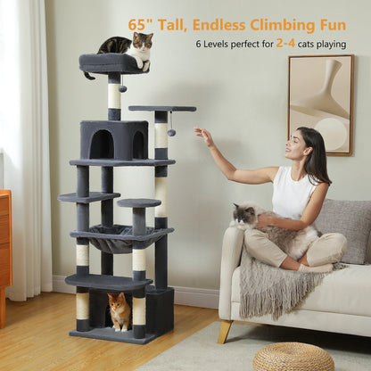 184cm Multi-Level Cat Tree Tower – Hammock, Padded Perches & Sisal Scratching Posts